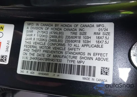 2024 Honda Cr-V Ex-L Awd z USA, uszkodzony, nr VIN 2HKRS4H78RH457830